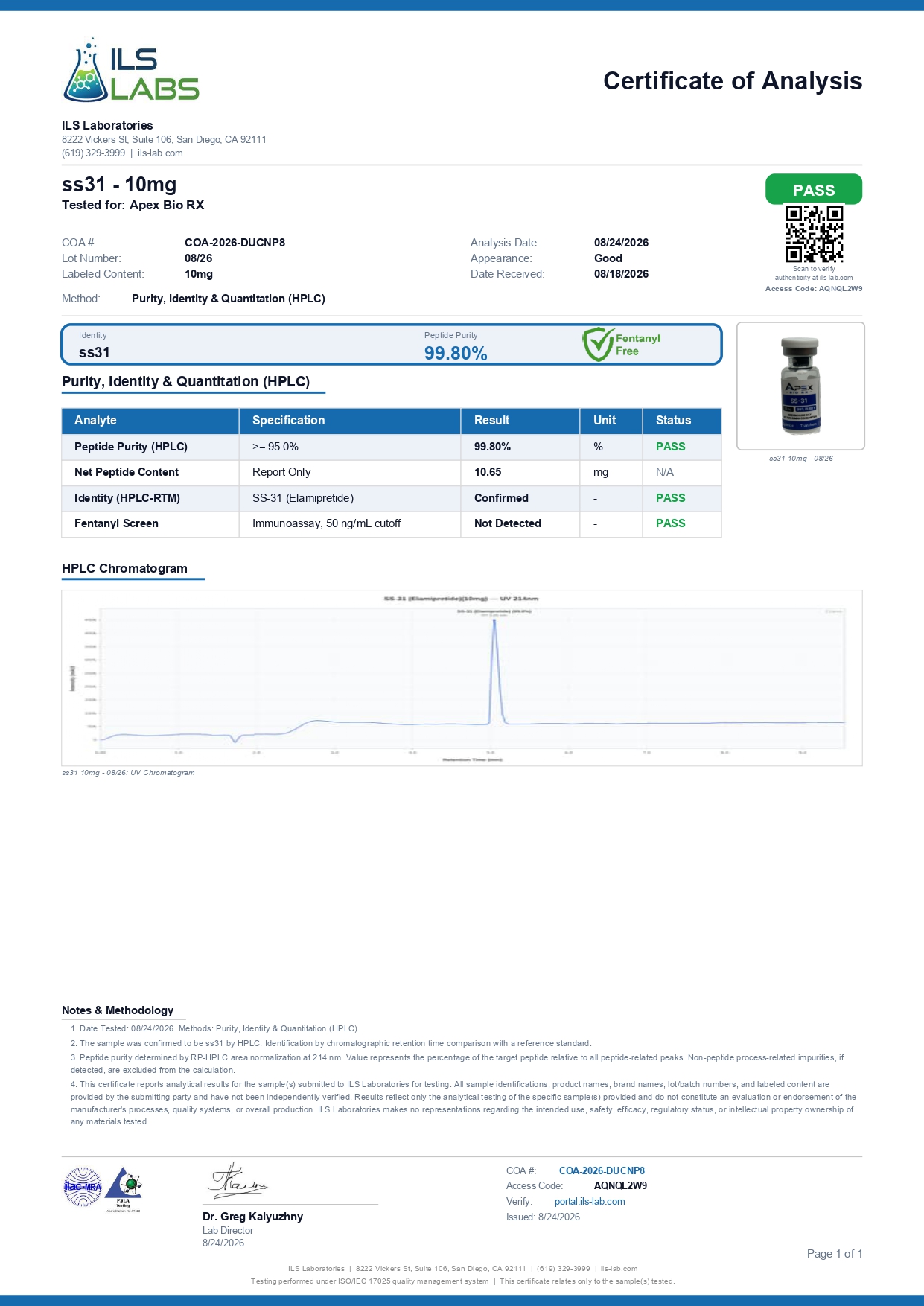 SS-31 10MG Certificate of Analysis preview